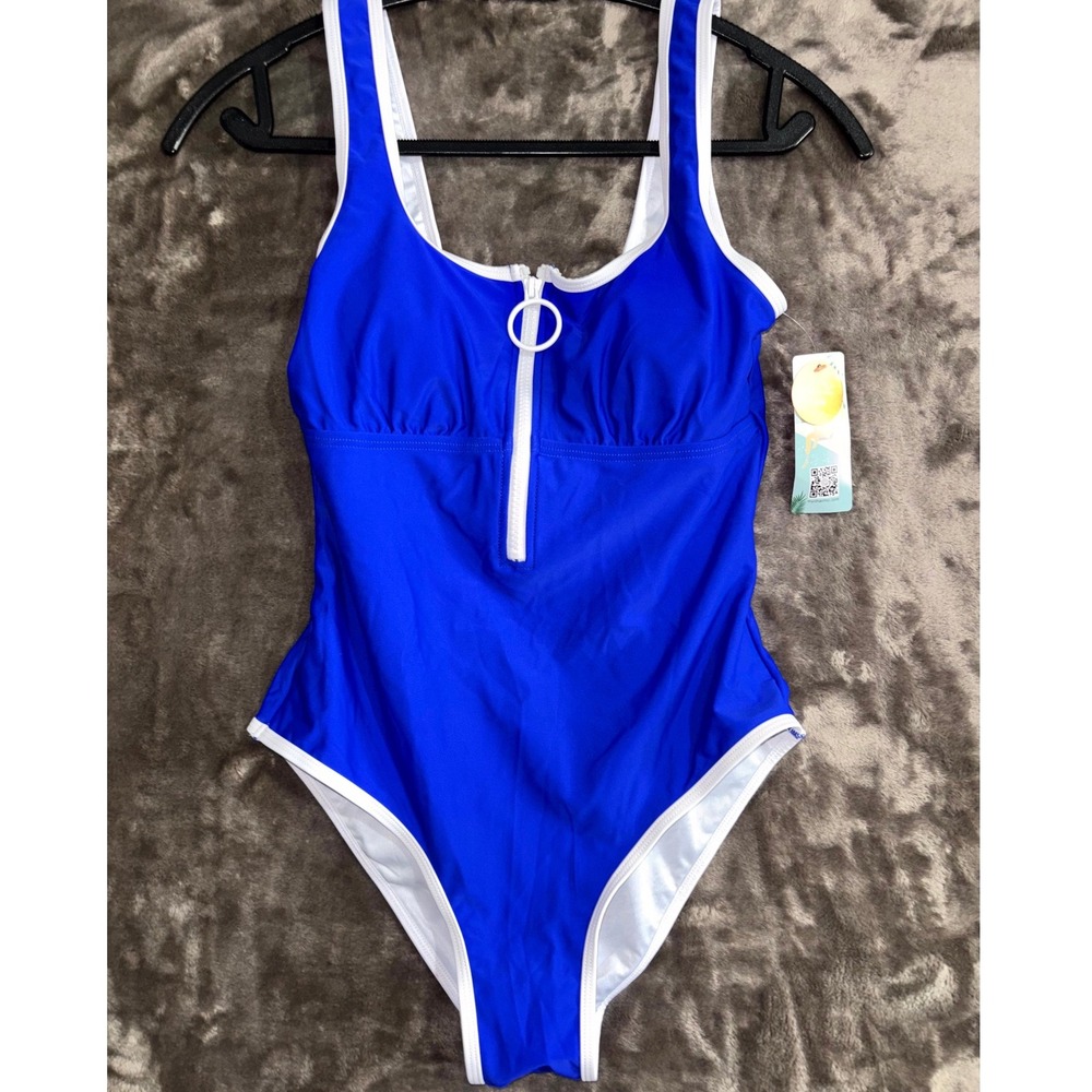 Women Swimsuit One Piece Small Royal Blue White Trim Stretch UPF 50+ Square Neck